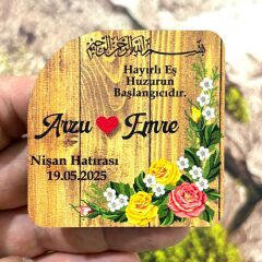 Nikah, Nişan, Düğün, Söz, Kına Hediyelik Ahşap Magnet -20 Adet (6x6cm)